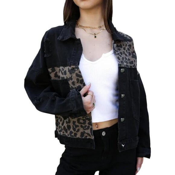 Women's Loose Button Down Cropped Denim Jacket Long Sleeves Cheetah Dark - Picture 3 of 5